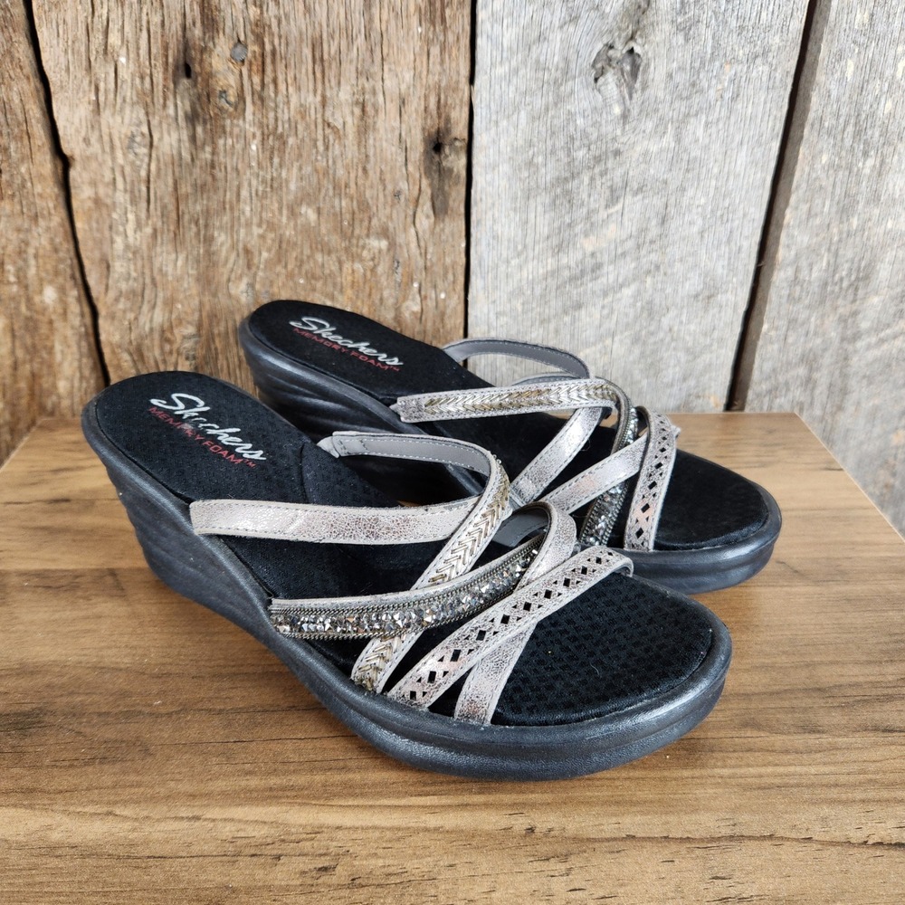 Skechers Sandals Cali Rumblers Modern Maze Pewter Wedge Rhinestone Womens 6
